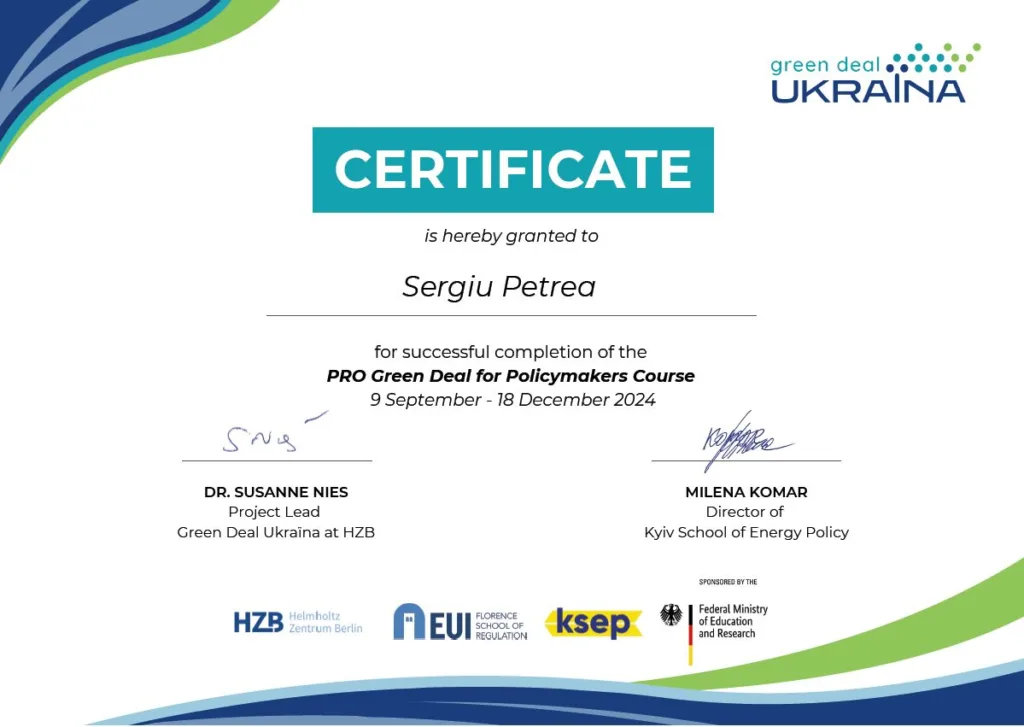 Sergiu Petrea obține certificarea „Green Deal Ukraina” pentru politici energetice sustenabile 1 RENERGY