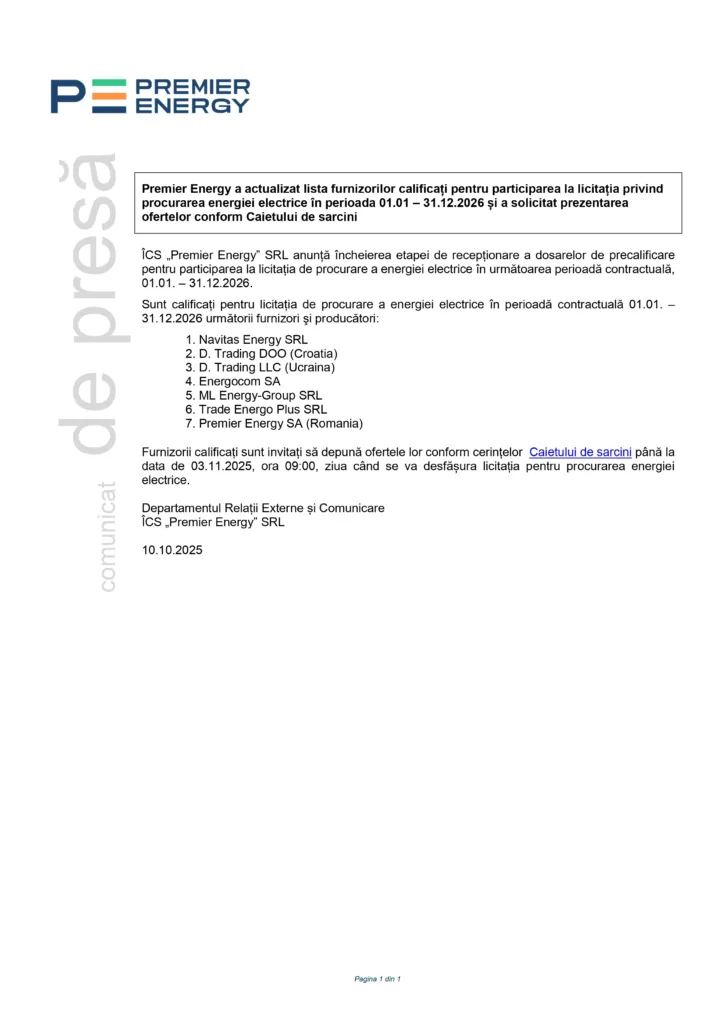 Premier Energy are primii participanți precalificați pentru licitația de energie 2026 1 RENERGY